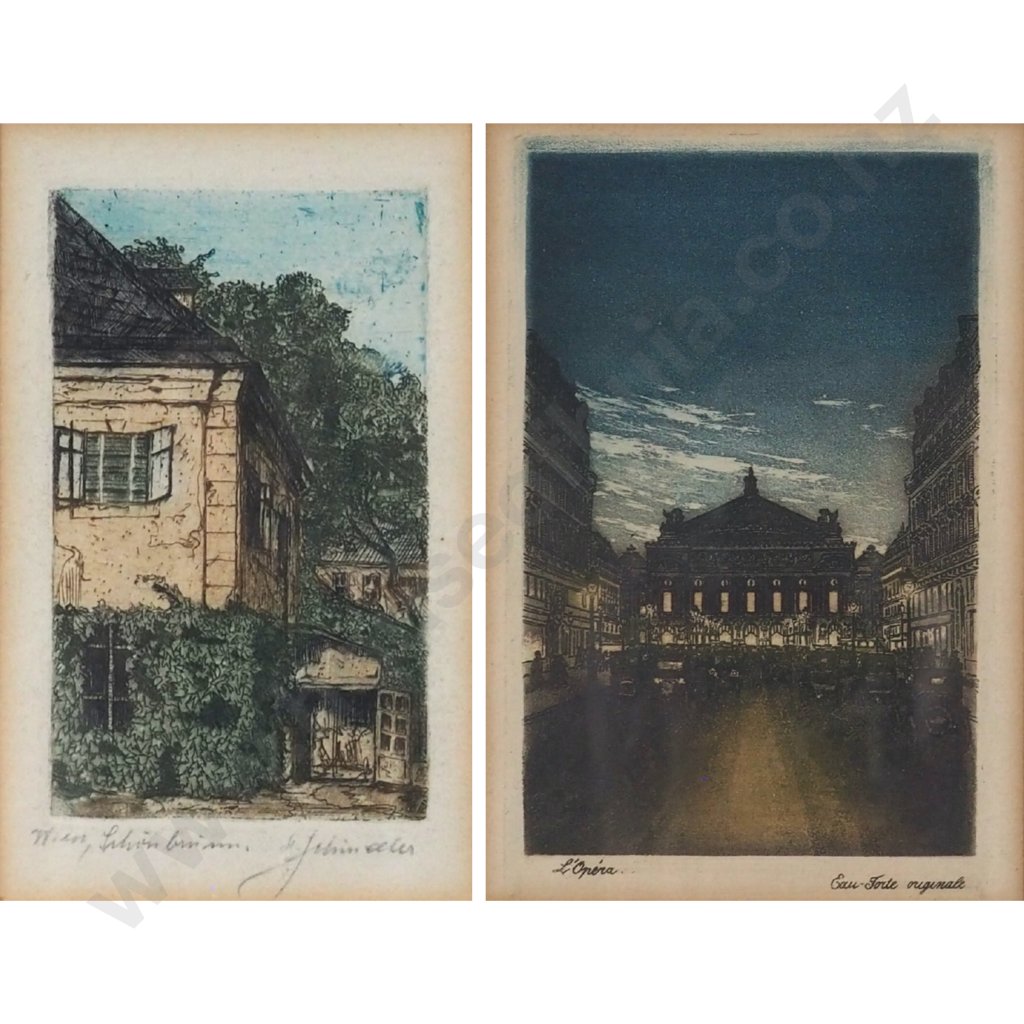 Pair of Hand Coloured Etchings. Opera House, Paris & Farm House Image 1++