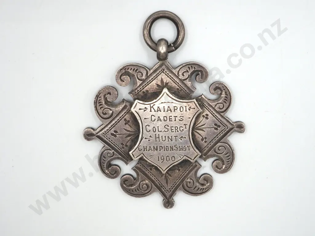 Kaiapoi Cadets 1900 Champion Shot Silver Fob Medal to Col Serg Hunt Image 1++