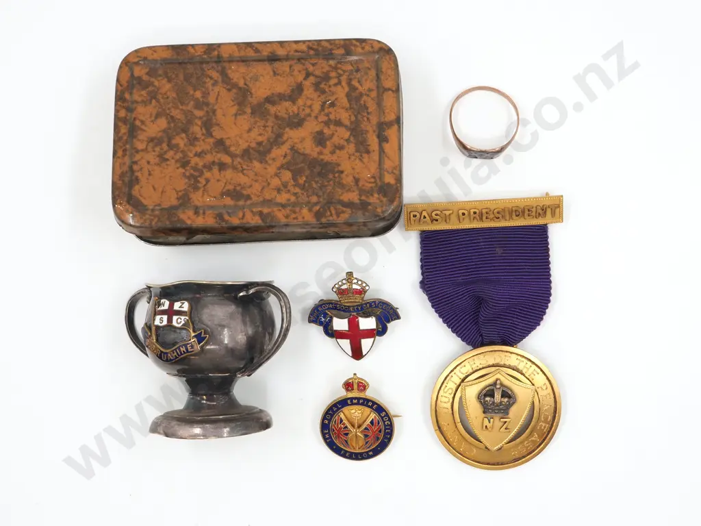 Assorted Lot: Past President CHCH Justice of the Peace Medal / Badges / 9ct Gold Masonic Ring / SS Ruahine Trophy Image 1++