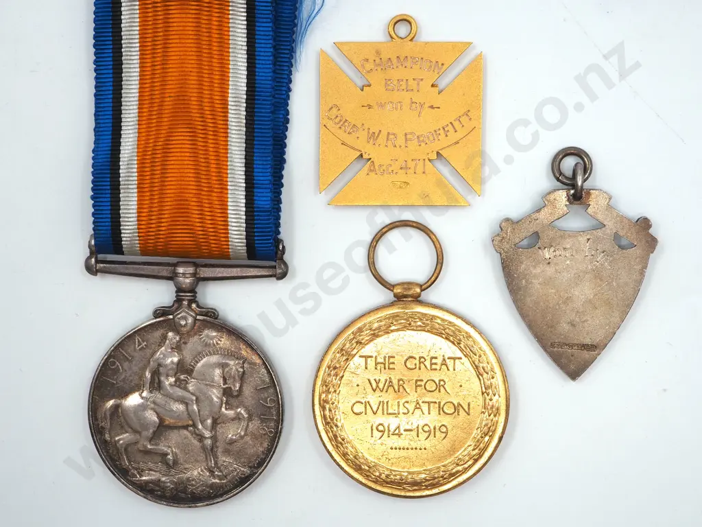 WW1 Pair to 24/548 Lieut Proffitt & 9ct Gold Prize Medal for Champion Belt Image 1++