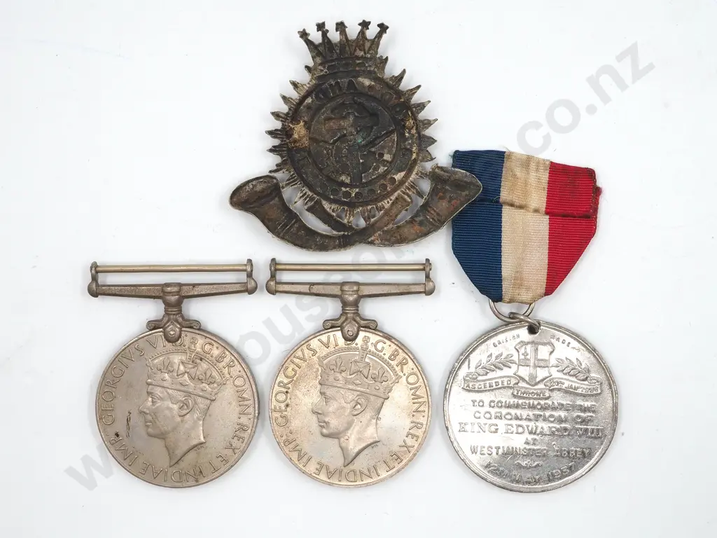 Two WW2 British Medals & Commemorative Badge & Cap Badge  Image 1++