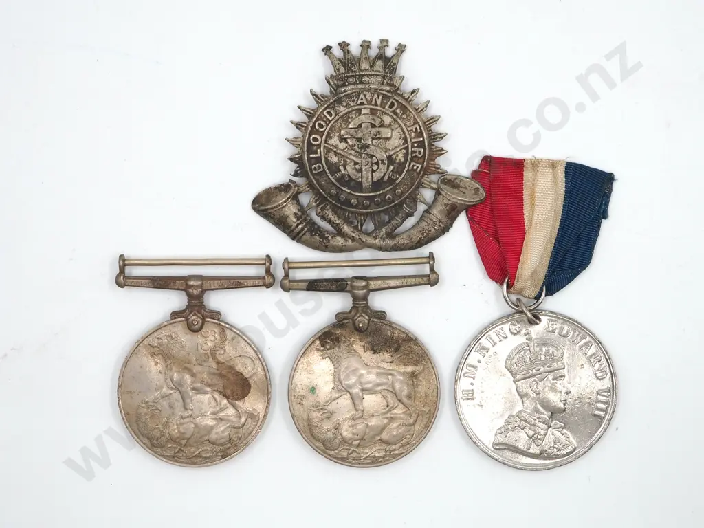 Two WW2 British Medals & Commemorative Badge & Cap Badge  Image 1++