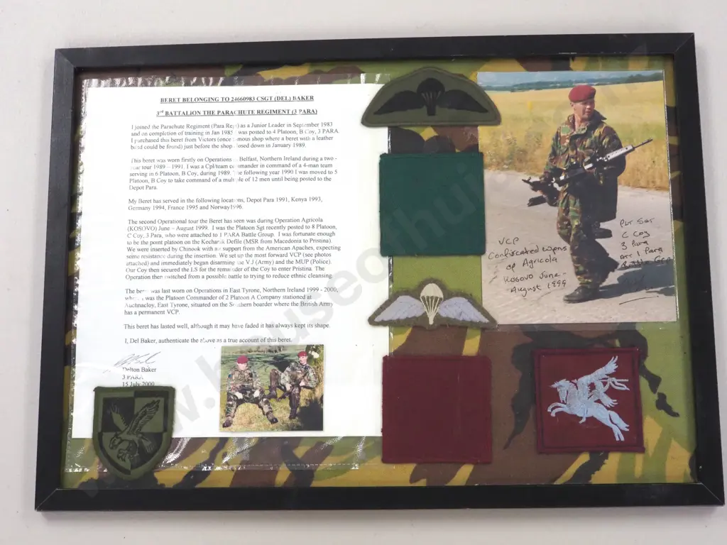 Framed Lot of Assorted Para Badges & Signed Photo Belonging to Delton Baker 3rd Battalion Para Regiment Image 1++