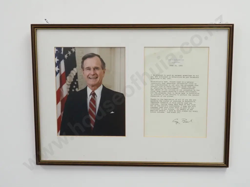 Framed Signed George Bush Senior Antarctic Letter 1990 & AA Deanes Mt Discovery Print Antartica  Image 1++
