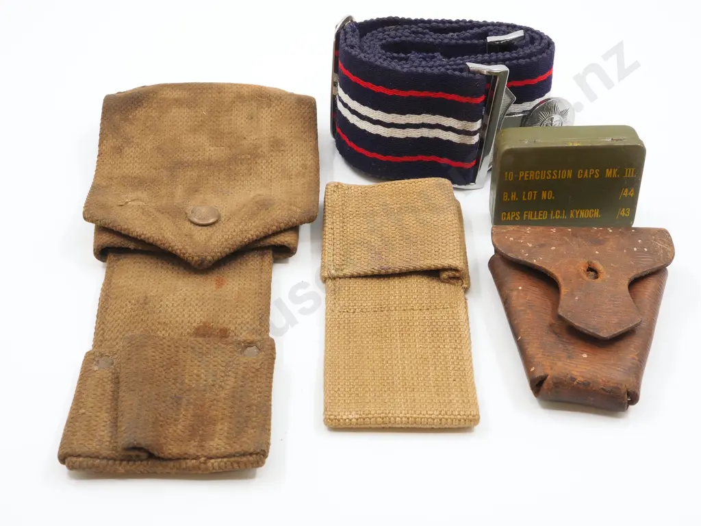 Assorted Lot of Webbing (Wire-cutters 1917 Dated) / Belt / Percussion Cap Tin  Image 1++
