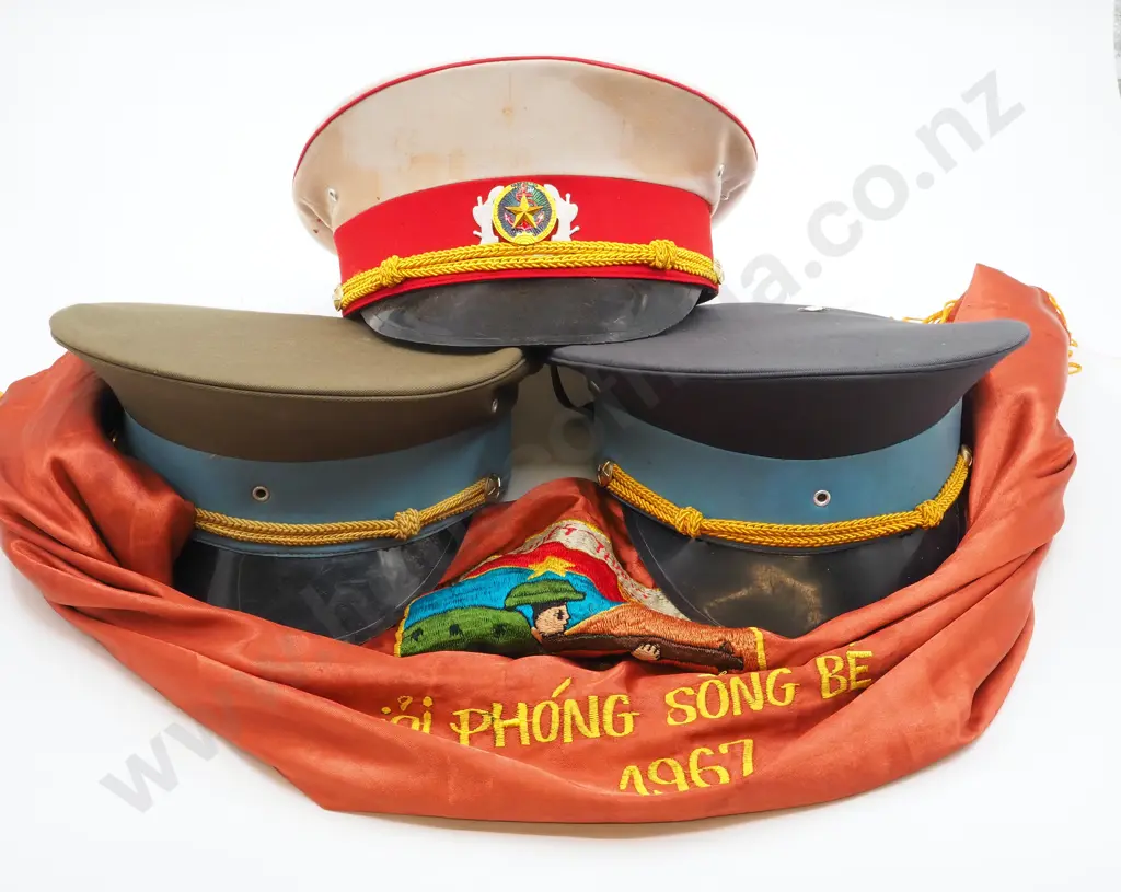 Large Vietnamese Silk Patriotic Flag & Three Peaked Officers Caps  Image 1++