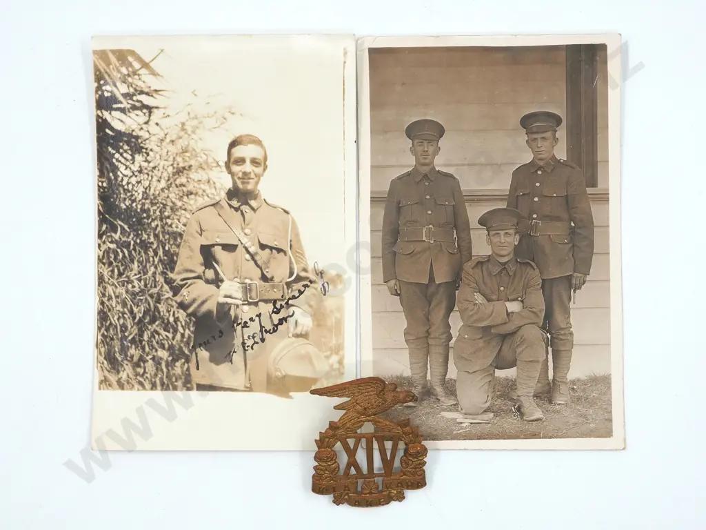 WW1 Postcard & 14th Reinforcement Cap Badge Image 1++