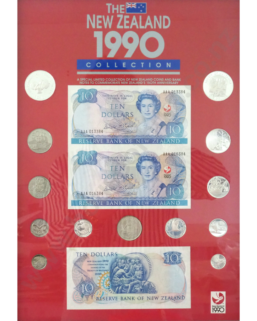 Presentation Frame Containing New Zealand Proof Silver Coins & Three $10 Banknotes Image 1++