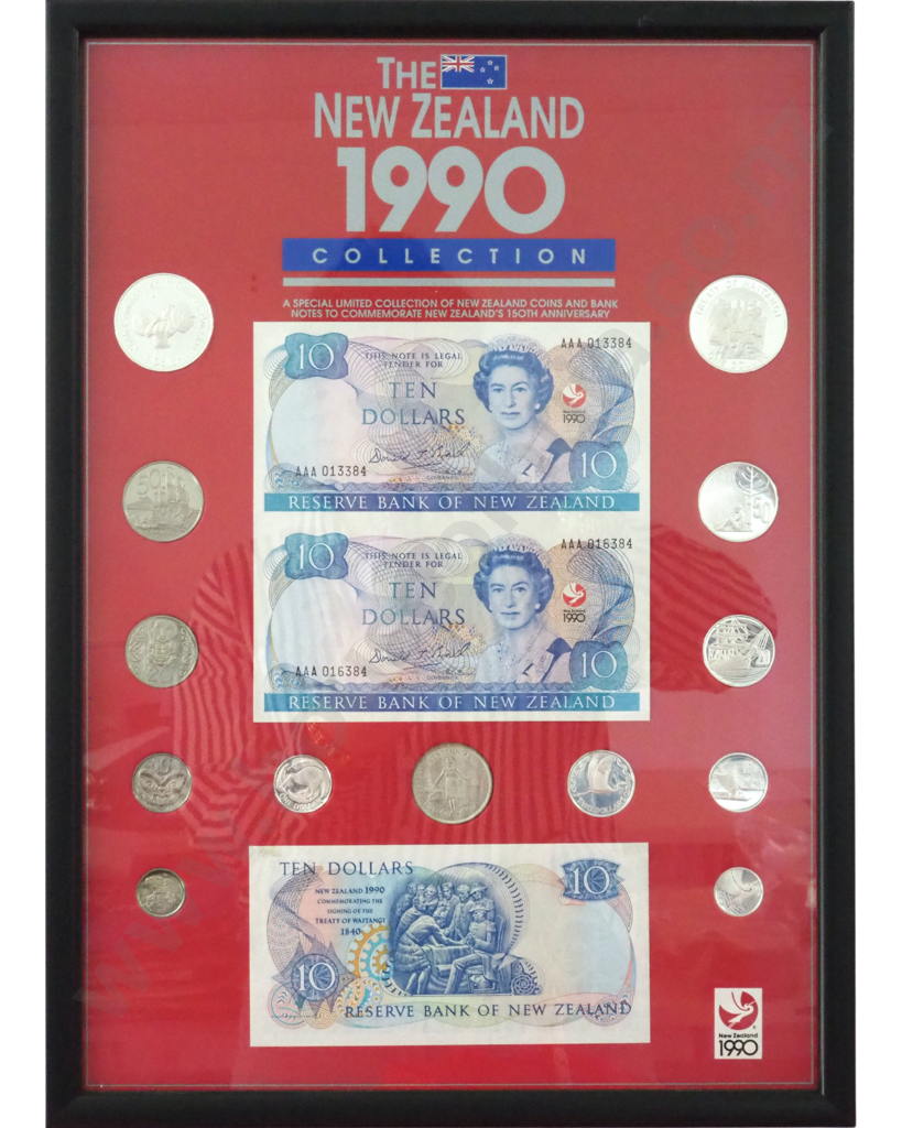 Presentation Frame Containing New Zealand Proof Silver Coins & Three $10 Banknotes Image 1++