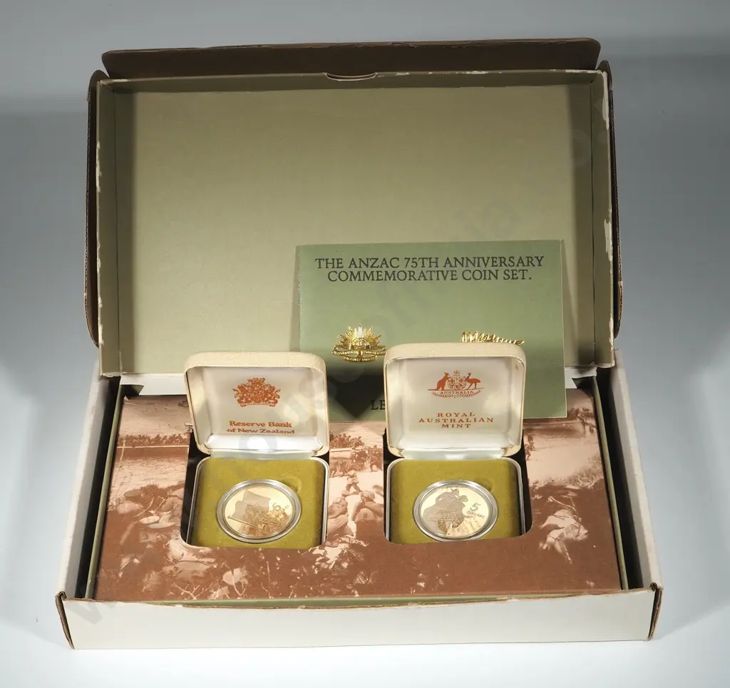 New Zealand 1990 Proof $5 Anzac Pair Sets in Plush Cases Image 1++