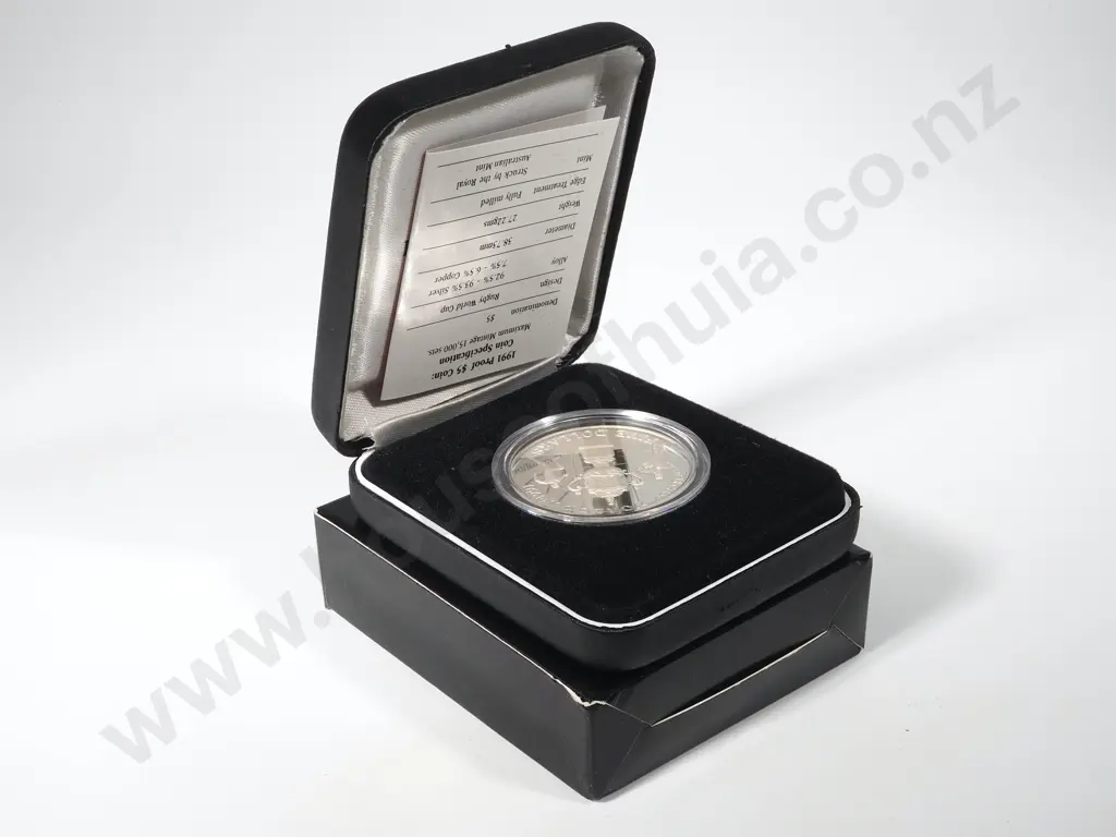 1991 New Zealand Silver Proof Five Dollar Coin - Rugby World Cup  Image 1++