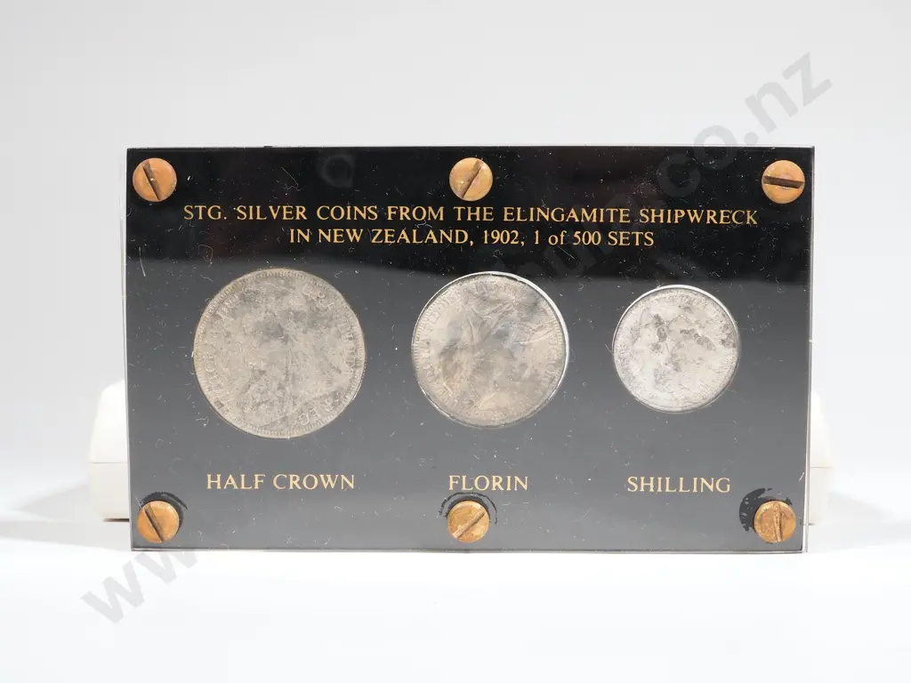 Set of Three Silver Eligamite Shipwreck Coins In perspex case with certificate Image 1++