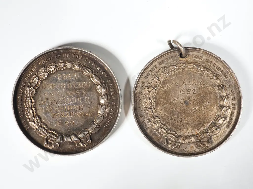 Two Sterling Silver Otago Agricultural Prize Medals Awarded to J W Cooper Image 1++