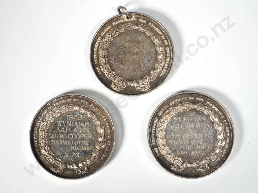 Three Sterling Silver Wyndham Agricultural Prize Medals Awarded to J W Cooper Image 1++