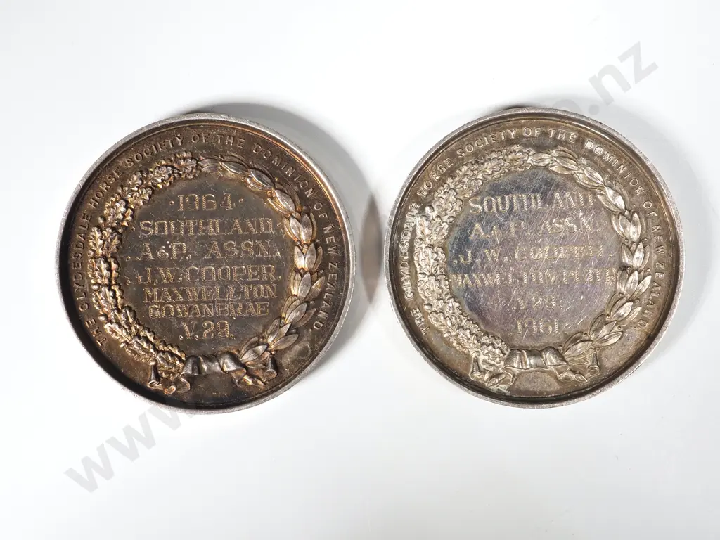 Two Sterling Silver Southland Agricultural Prize Medals Awarded to J W Cooper Image 1++