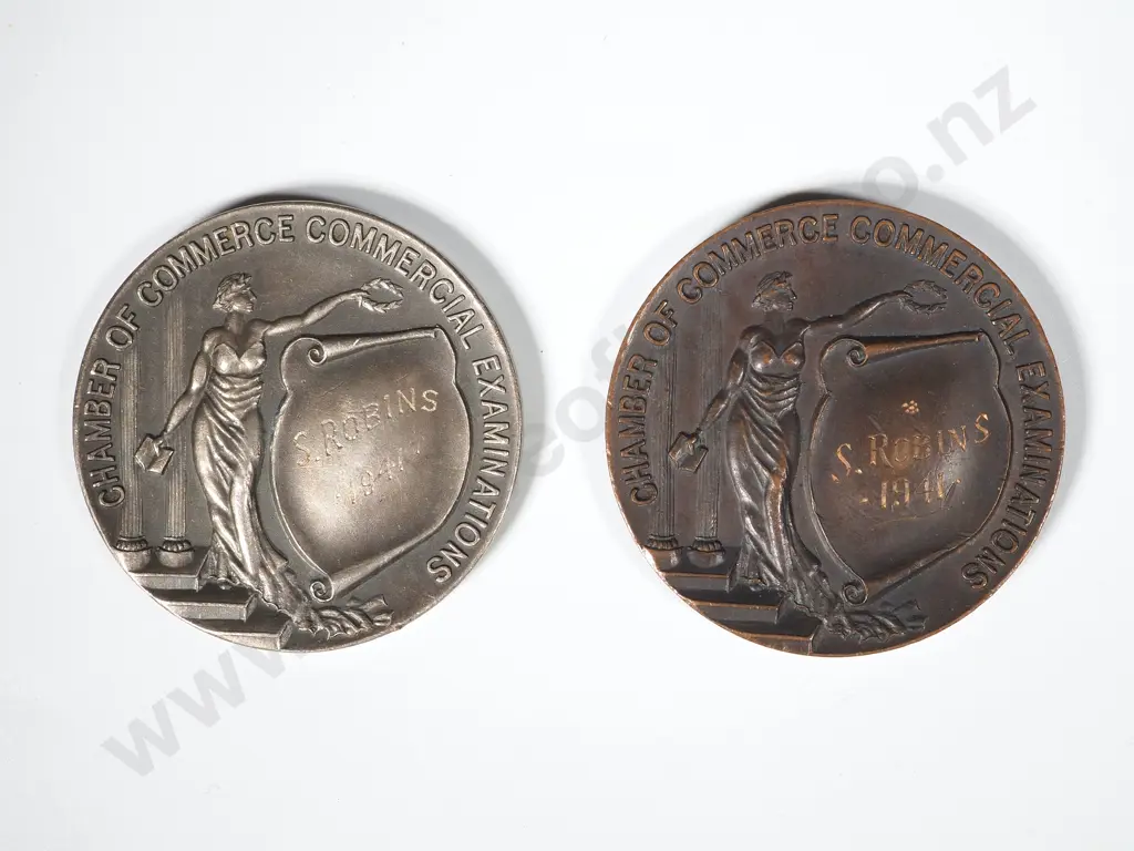 Two Chamber of Commerce Commercial Examinations prize medals, One 1941 to S. Robins, struck in silver Image 1++