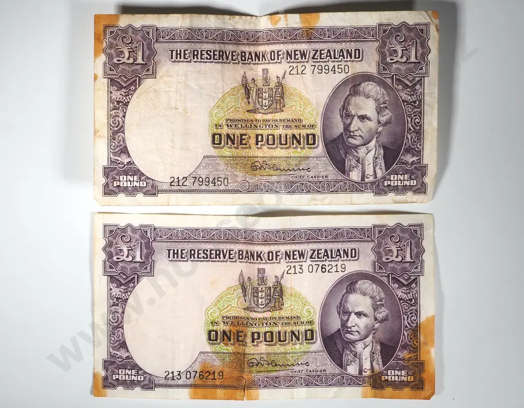 Two New Zealand Fleming One Pound Bank Notes Image 1++