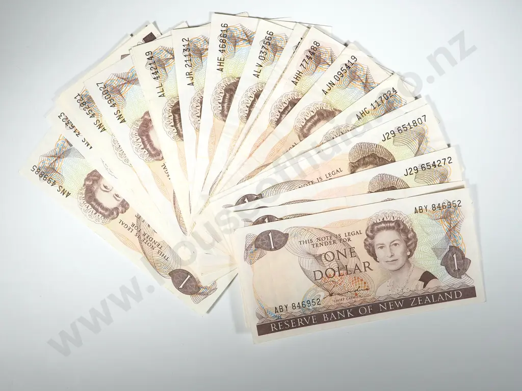 20 New Zealand $1 Notes Various Grades:  Three Hardie / 11 Russell / Six Brash Image 1++