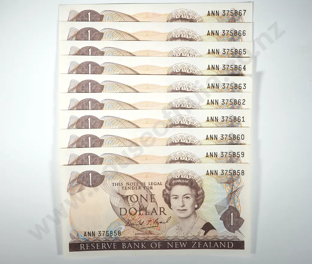 10 New Zealand Consecutive $1 Brash Banknotes Image 1++