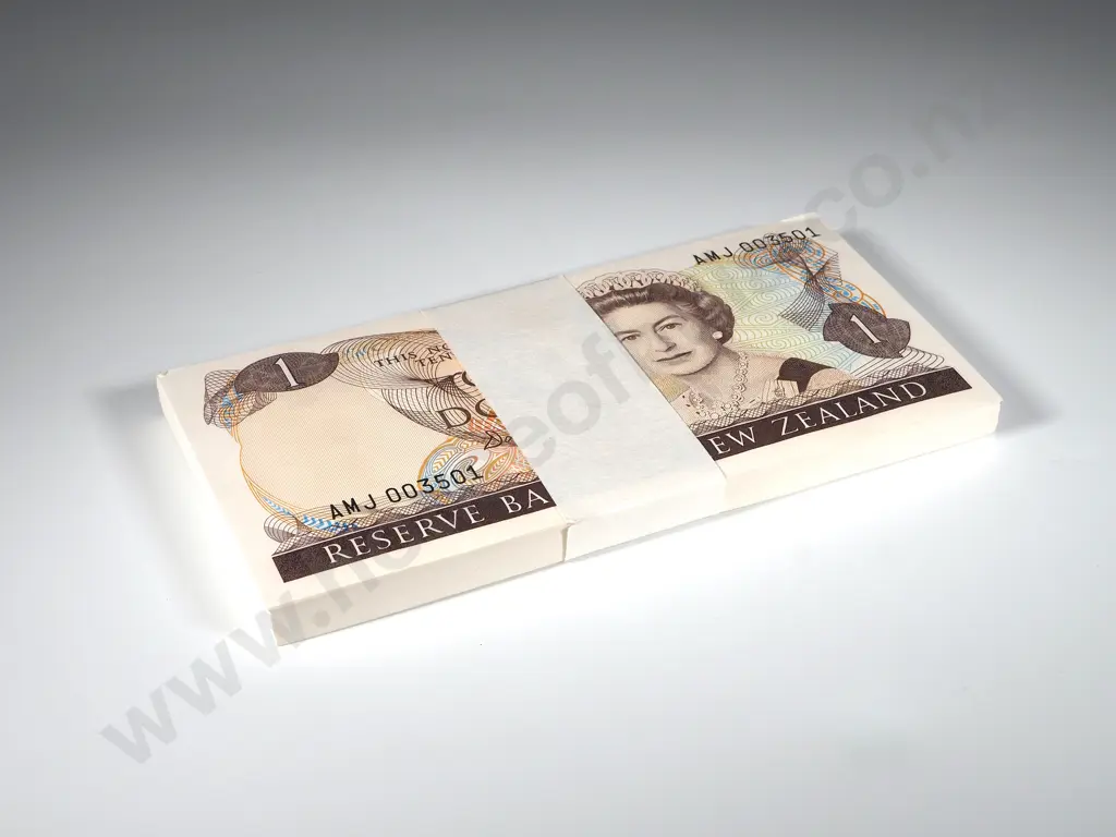 Bundle of 100 Consecutive New Zealand One Dollar Banknotes Image 1++