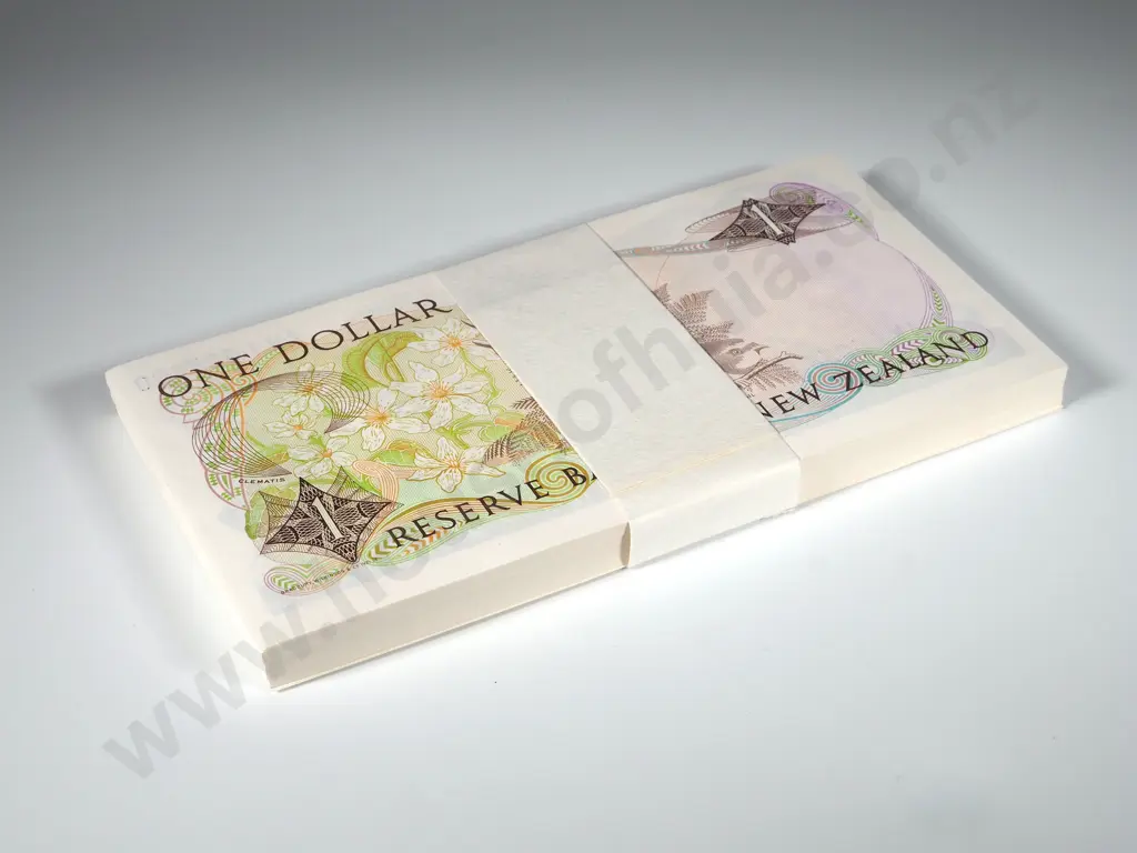 Bundle of 100 Consecutive New Zealand One Dollar Banknotes Image 1++