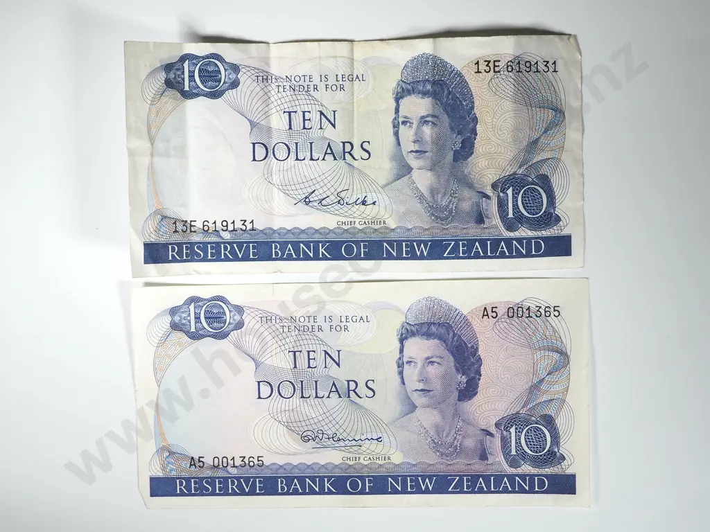 2 New Zealand Ten Dollar Banknotes - One Fleming Better Grade & One Wilkes Image 1++