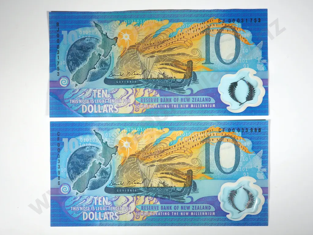 Two AUNC New Zealand $10 Millennium Banknotes  Image 1++