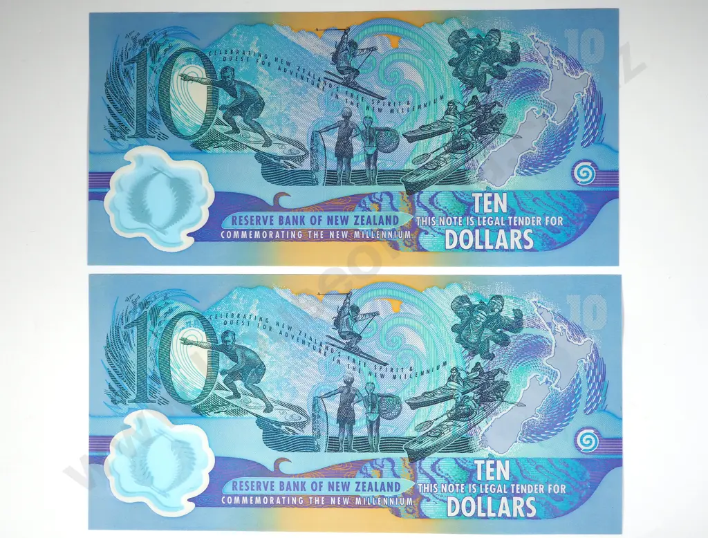 Two AUNC New Zealand Consecutive $10 Millennium Red Serial Banknotes  Image 1++
