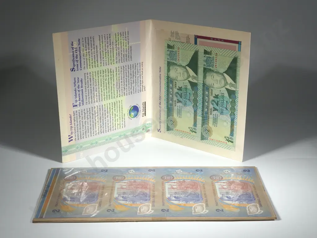 Two Pacific Island Uncut Banknote Sheets: Fiji 2000 $2 Uncut Pair & Samoa 2 Tala Uncut Four Vertical Image 1++
