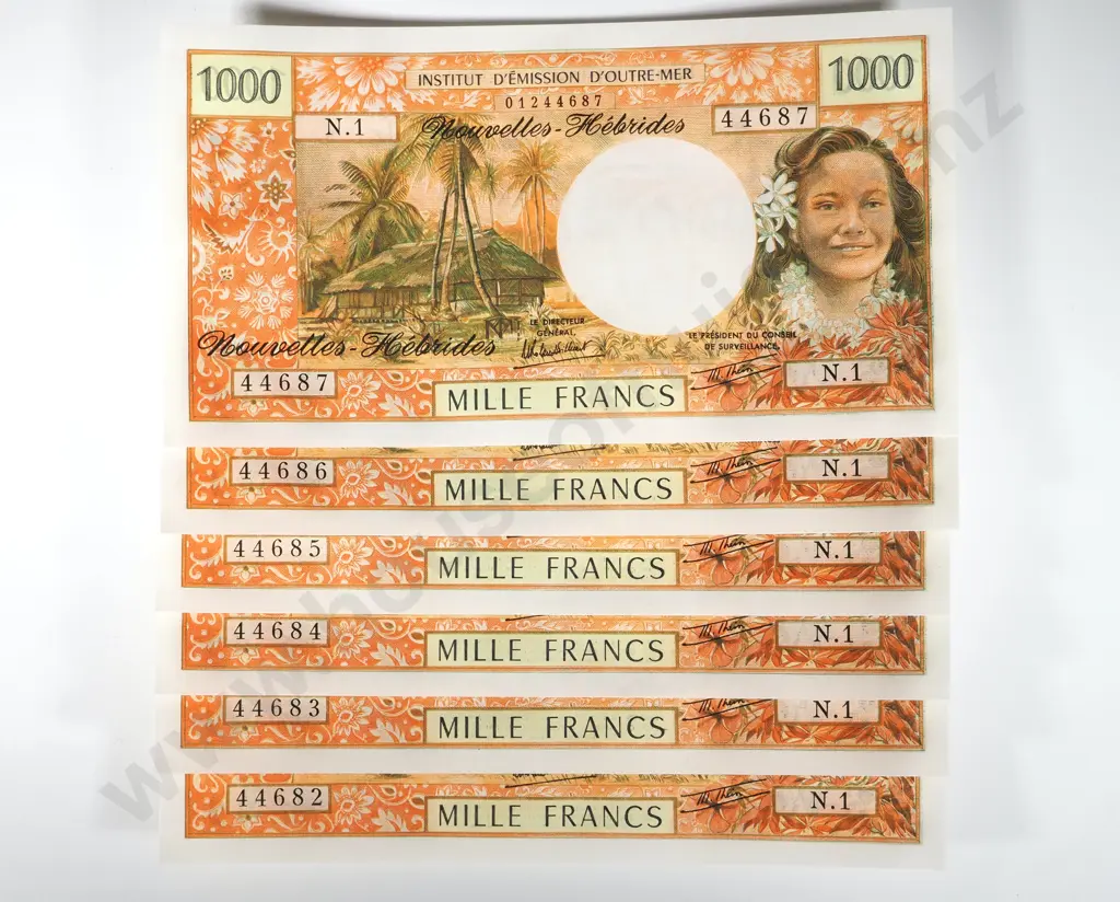 6 Consecutive New Hebrides 1000 Francs Uncirculated Banknotes w Ripples as Issued Image 1++
