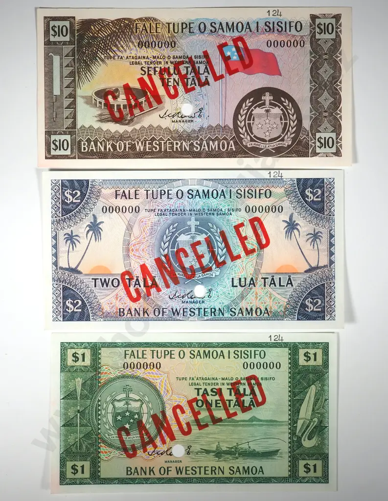 UNC "Cancelled" Samoa $1/$2/$10 Banknotes - Rare Image 1++