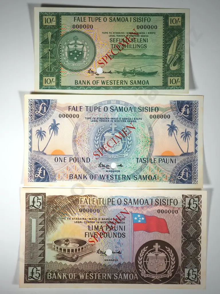 Western Samoa 10 shillings 1 pound 5 pournds specimen de la rue banknotes  Image 1++