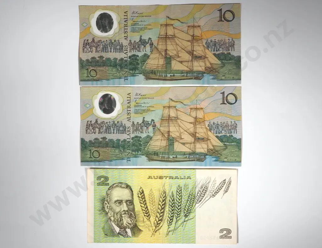 Three Australian Banknotes: Two Ten Dollar Polymer Special Issue Notes & Two Dollar Note Image 1++