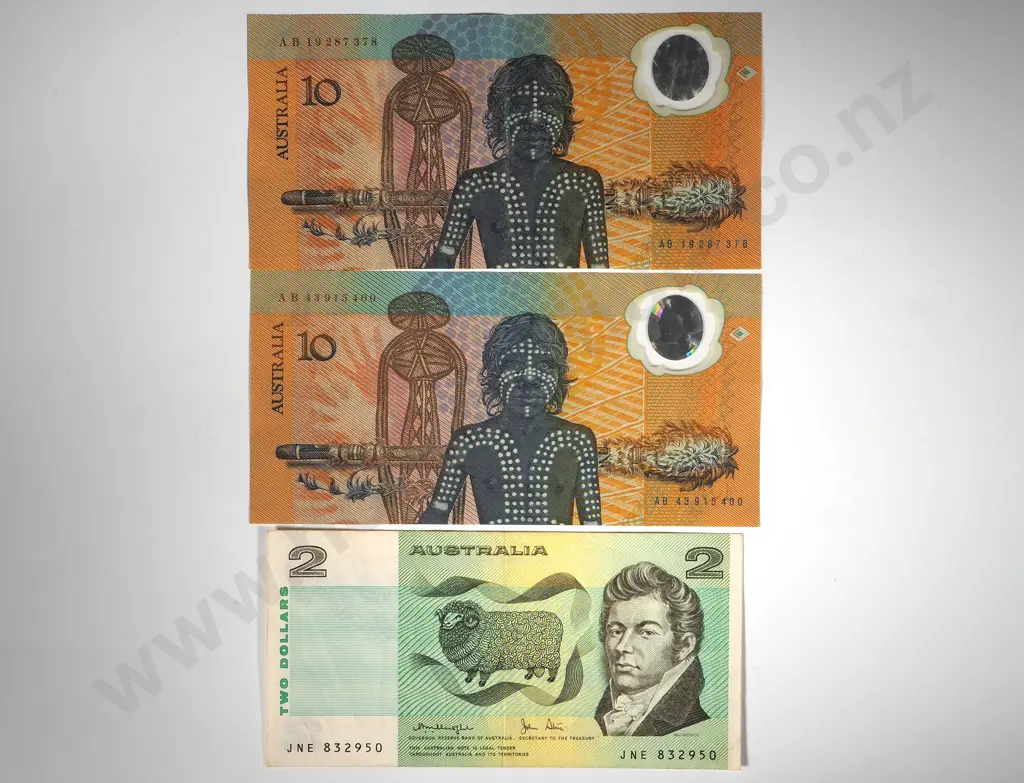 Three Australian Banknotes: Two Ten Dollar Polymer Special Issue Notes & Two Dollar Note Image 1++