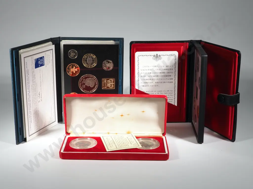 Three Cased Proof Presentation Sets: Japan / United Kingdom / United Kingdom Trade Dollar  Image 1++