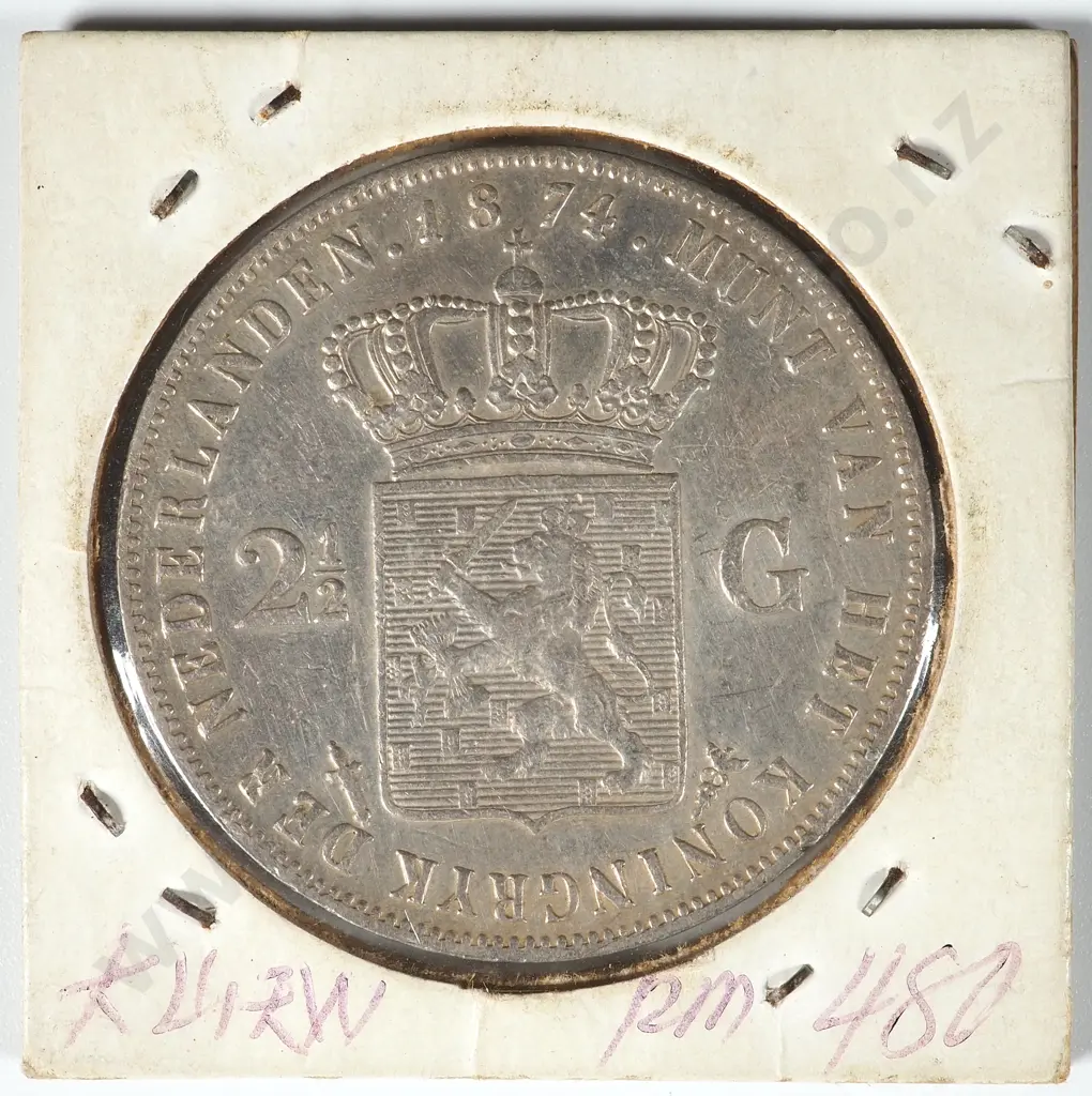 1874 Netherlands 2 1/2 Gulden Silver Coin Image 1++