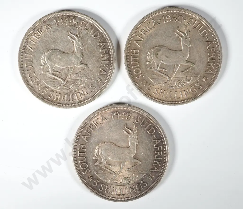 Three South Africa Five Shilling Coins 80% Silver: 1948 /1949 / 1950 Image 1++
