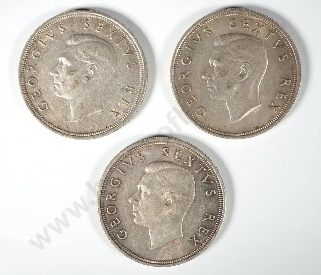 Three South Africa Five Shilling Coins 80% Silver: 1948 /1949 / 1950 Image 1++