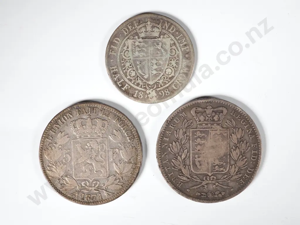 Three 19th Century Silver Coins: United Kingdom & Belgium - 65 Grams Image 1++