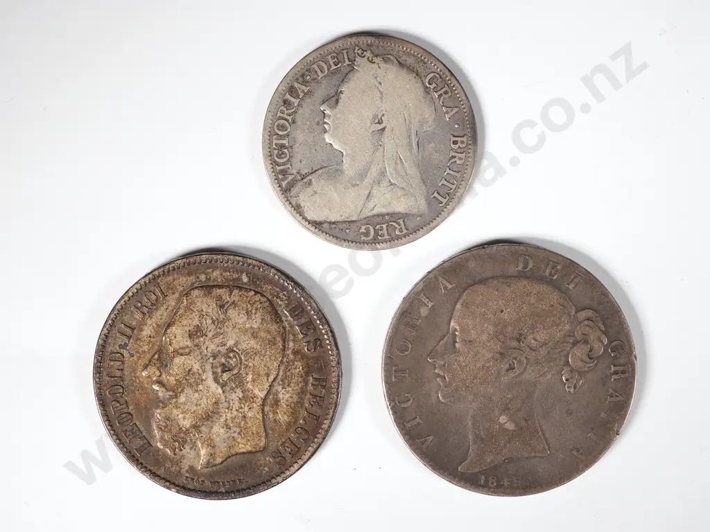 Three 19th Century Silver Coins: United Kingdom & Belgium - 65 Grams Image 1++
