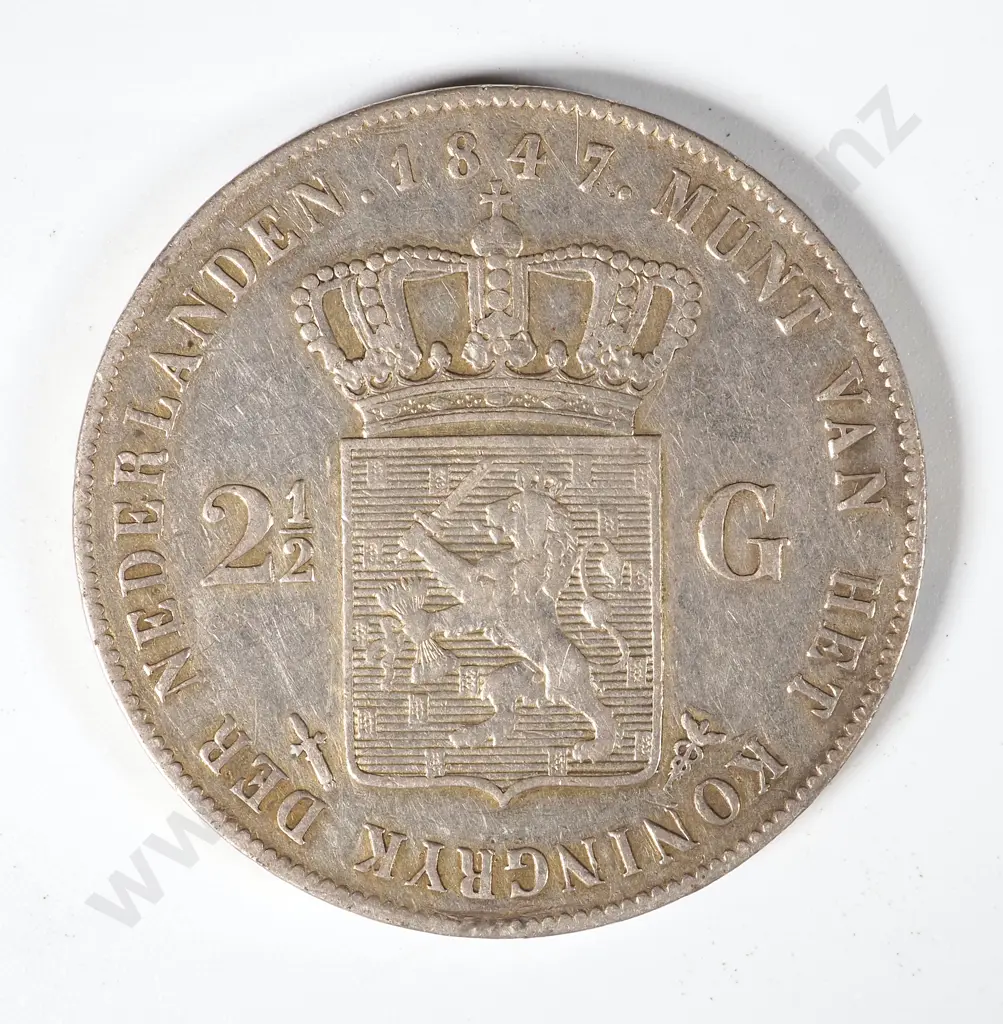 1847 Netherlands 2 1/2 Gulden Silver Coin Image 1++