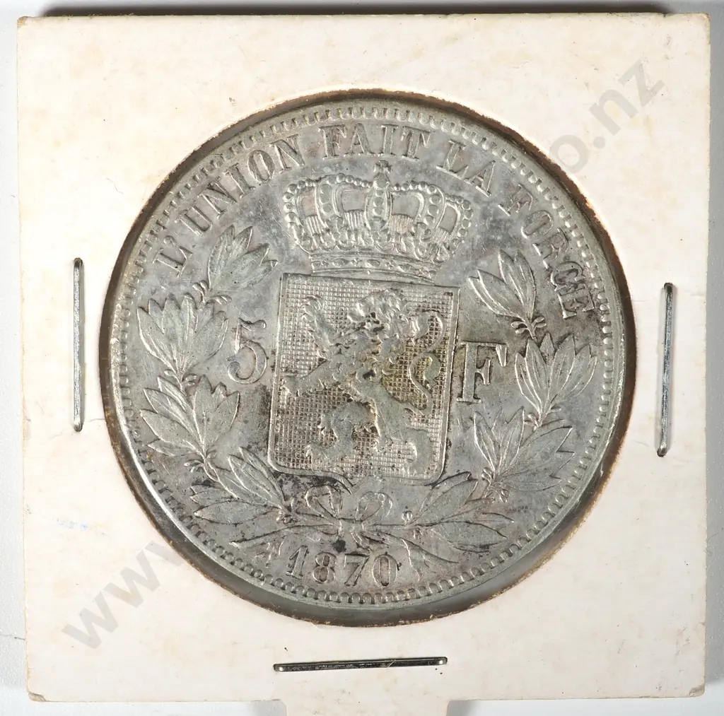1870 Belgium Five Franc Silver Coin Image 1++