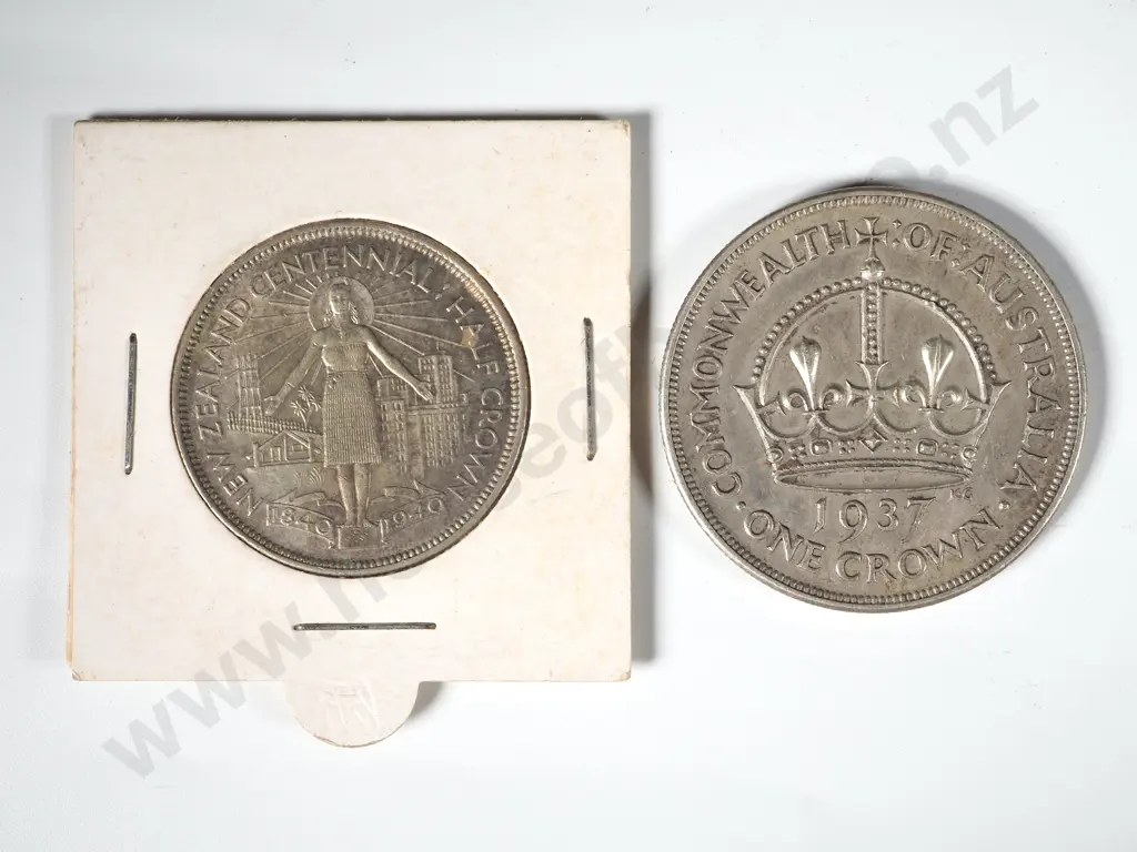 Two Commemorative Silver Coins: New Zealand 1940 Half Crown & UK 1937 Crown Image 1++