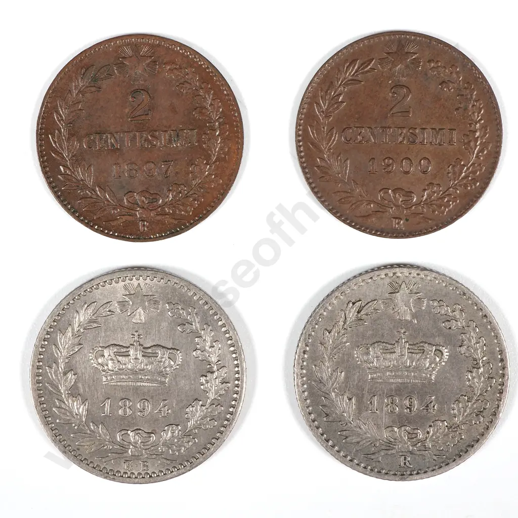 Italy - 1897 & 1900 Two Centesimi / 1894 KB & 1894 R 20 Centesimi - All EF  Image 1++