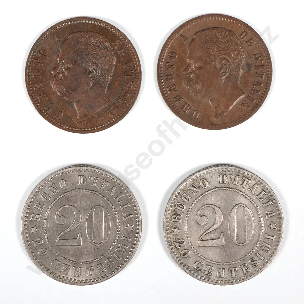 Italy - 1897 & 1900 Two Centesimi / 1894 KB & 1894 R 20 Centesimi - All EF  Image 1++