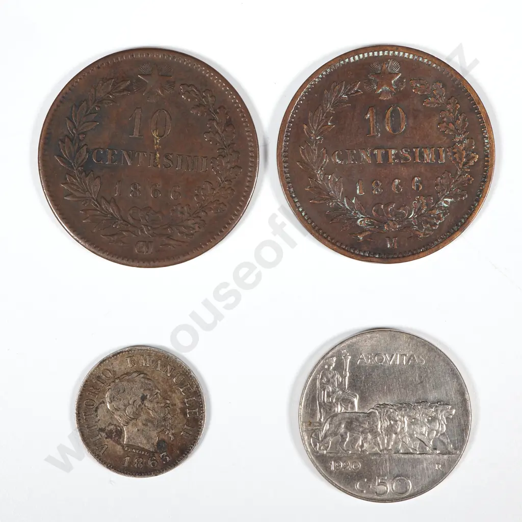 Italy - 1866 M & 1866 OM 10 Centesimi / 1863 M BN & 1920 50 Centesimi - First 3 VF - Last EF Image 1++