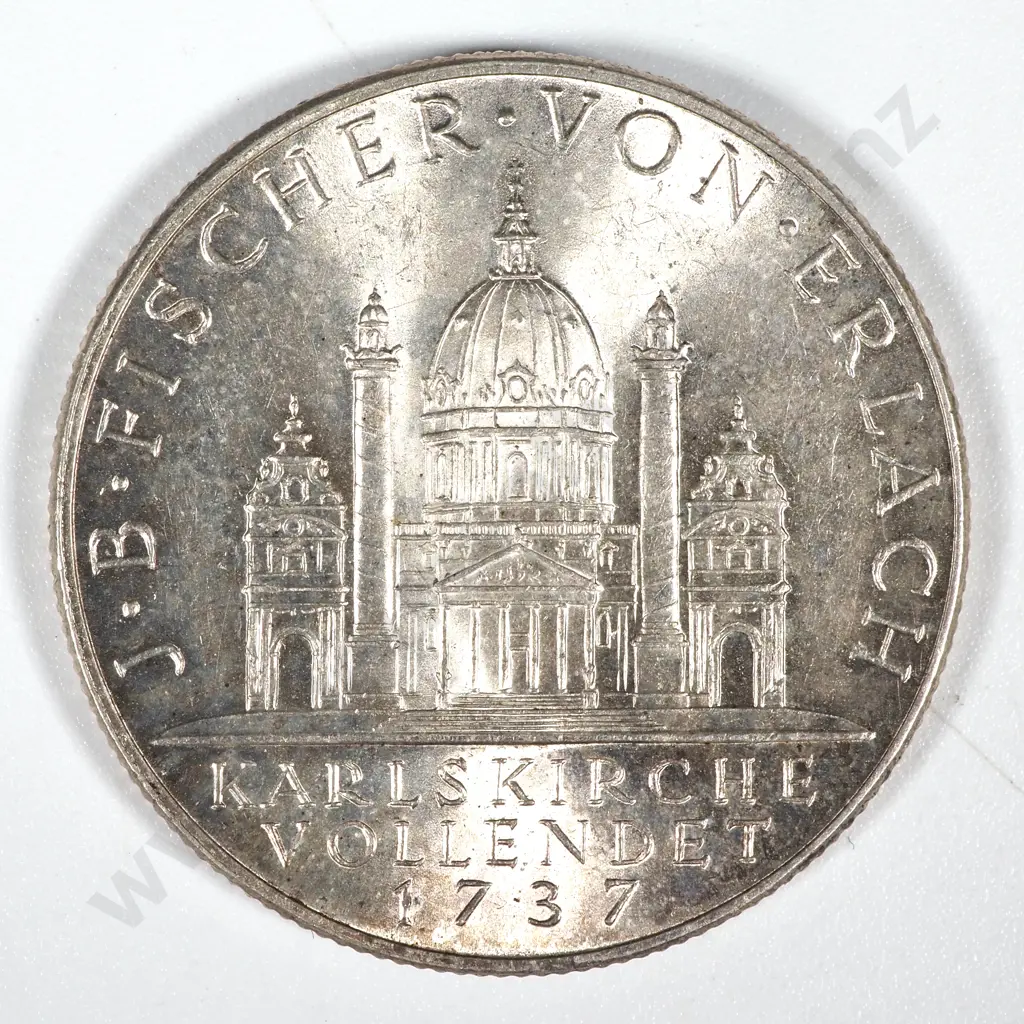 1937 Austria Silver 2 Schilling - Bi-Centenary of St Charles Church  Image 1++