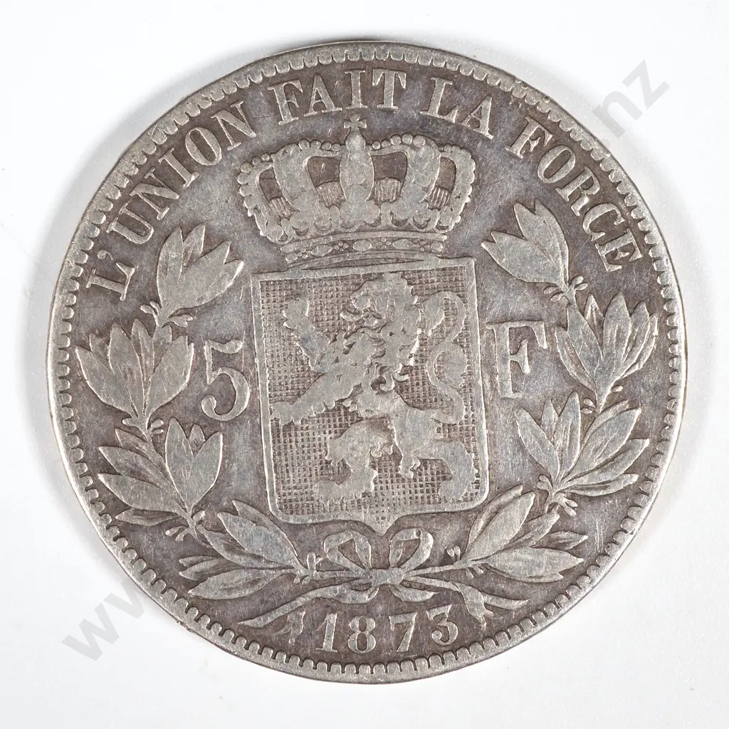 1873 Belgium Five Francs - F Image 1++