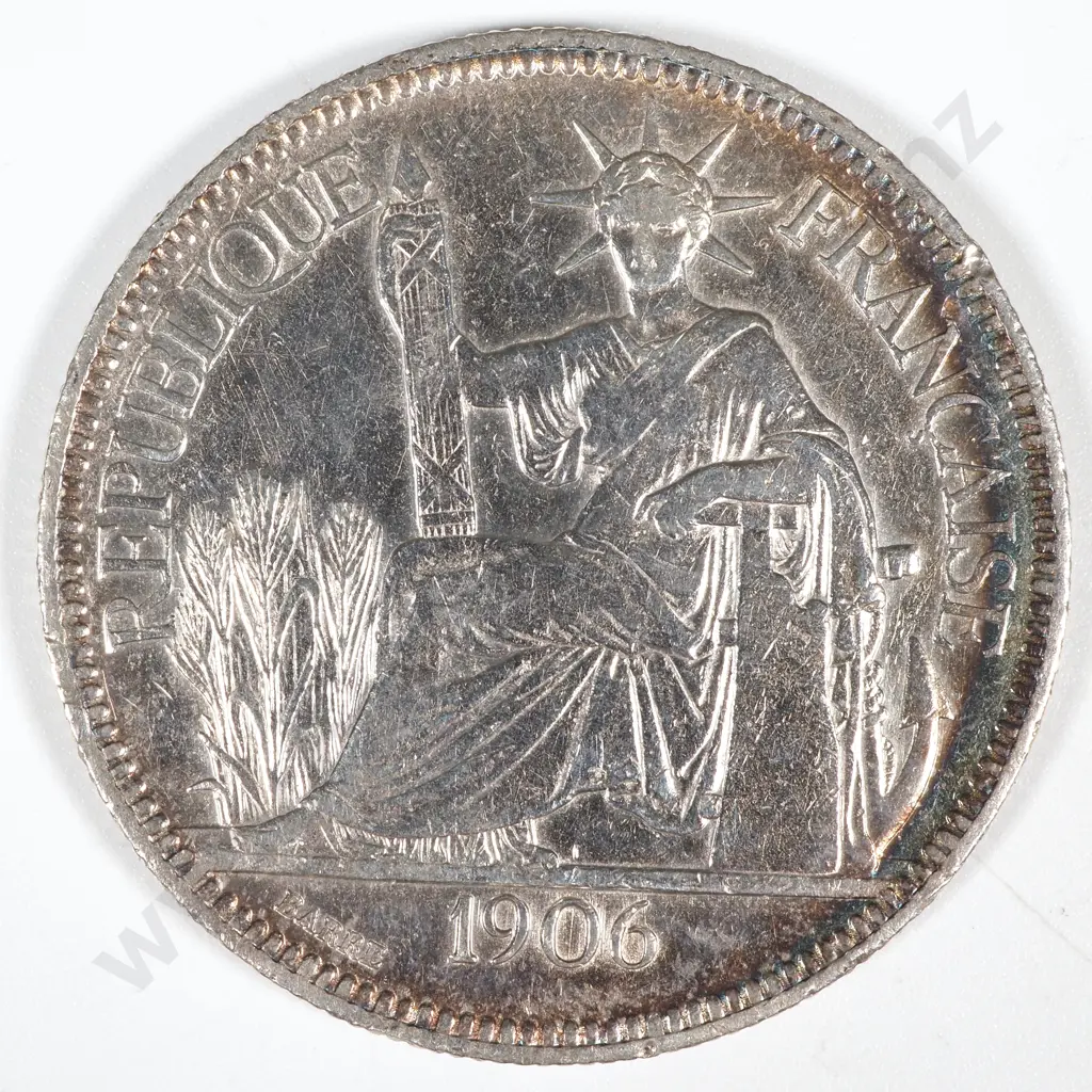 1906 French Indo-China One Piastre - EF but cleaned non abrasivley  Image 1++