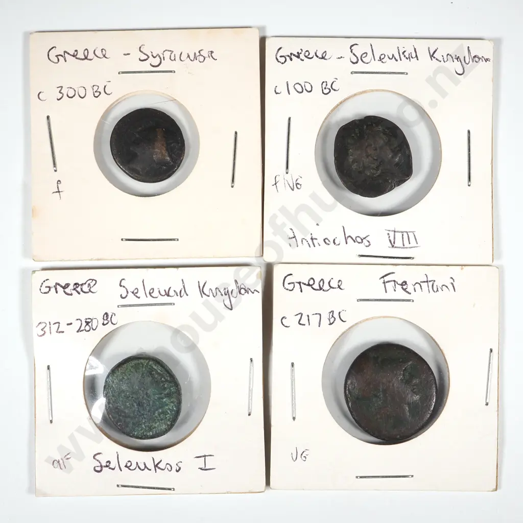 Four Ancient Greece Coins in Cardboard Holder w Notations  Image 1++